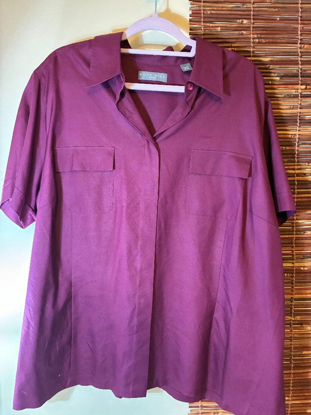 Kate Hill 100% Silk Blouse 22W Plus Size Burgundy Utility Button Up Shirt